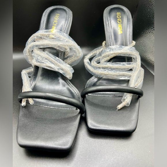 NIB Fashion Nova Black Stiletto Heels w/ Square Toe & Crystal Embellished Straps - Picture 8 of 16